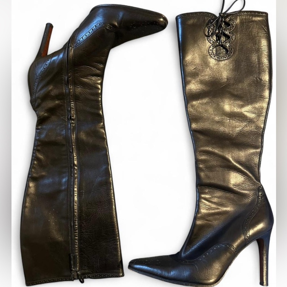 Purple Label Ralph Lauren Collection Black Leather Heeled Boots